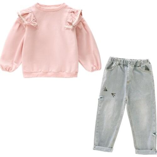 Girls long-sleeved T-shirt jeans two-piece Girls' casual T-shirt jeans set Girl cotton T-shirt pants set