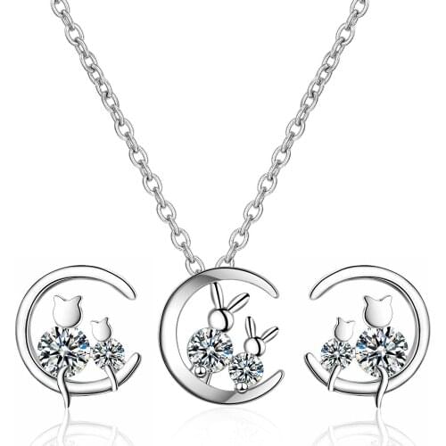 Lovely Cat Pendants Necklaces Earrings Set for Party Gift Zircon Stone 925 sterling silver Women Jewelry Sets Crystals