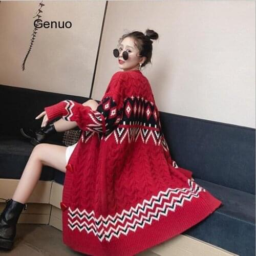 Red Sweater Cardigan Womens Loose-Fit Laziness Spring Clothing 2020 New Korean-style Diamond-shaped Network Knitted Coat
