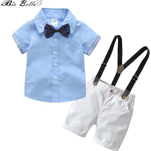 Summer Baby Boy Kids Casual Gentleman Suit Blue Bowtie Decor Short Sleeve Shirt+Suspender Shorts Overalls Gentle Clothes Set