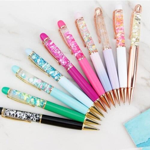 Creative Design Oil Flow Dry Flower Sequin Metal Ballpoint Pen Liquid Floating Pen Writing Supplies Advertising Signature Pen St
