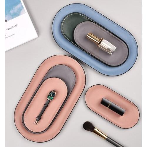 Metal leather Oval storage tray dressing table makeup jewelry tray cake stand
