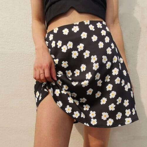 Fashion Black Floral Print Satin Sexy Mini Skirt Womens 2021 Summer High Waist A-line Skirt Slim Party Club Streetwear