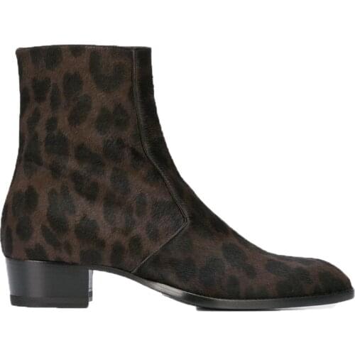 NEW Leopard Horse Fur wedge men handmade pointed toed Boot cowboy zipper high shoes