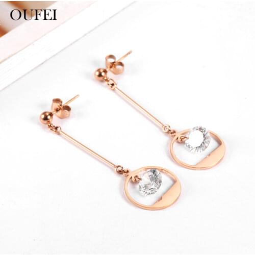 OUFEI Stainless Steel Jewelry Woman Vogue 2019 Charm Rose Gold Asymmetry Drop Earrings Fine Jewelry Accessories Bohemian Crystal