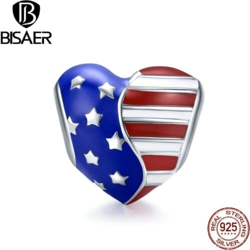 BISAER American Flag Charms 925 Sterling Silver USA Heart Star Bead DIY Bracelets Pendant Designer Charms Silver 925 EFC281