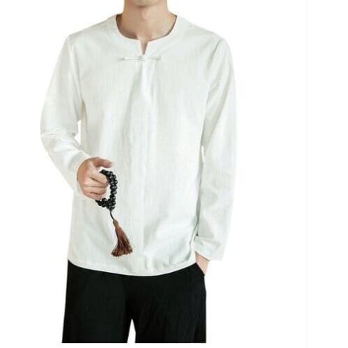 Mens Shirts Linen Collarless Flax Shirt For Men Shirt Linen Cotton Long Shirt Man Solid Slim Buckles Size M-5XL