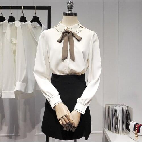Chiffon Women Shirts Summer New 2021 Bow Neck Elegant Office Lady White Shirts Outwear Tops