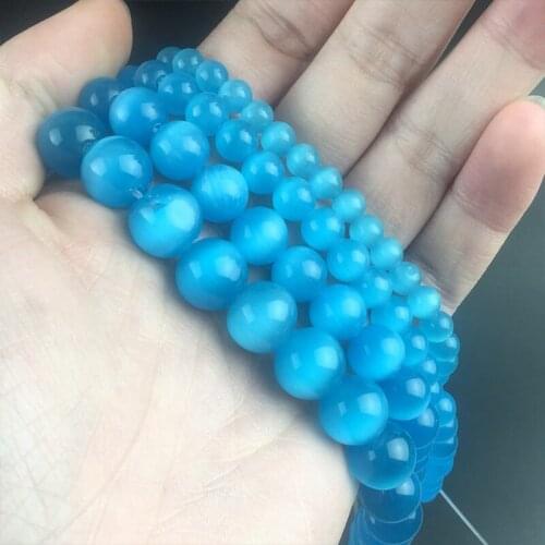 Light Blue Cat Eye Stone Round Beads Natural Opal Round Loose Spacer Beads For Jewelry Making DIY Bracelet 15'' 4 6 8 10 12mm