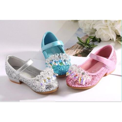 Spring summer and autumn shining princess shoes Cinderella square heel crystal shoes girl Princess water drill performance shoe