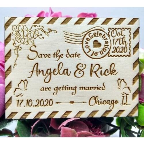 Unique and elegant Save the date wooden magnets with floral design ,rustic wood flowers postcards