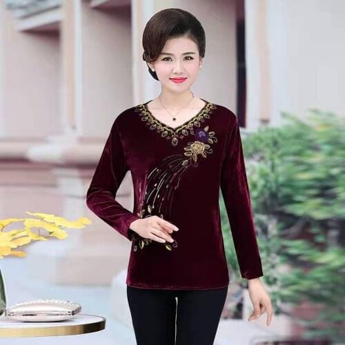 XL-4XL Large Size Women Velvet T-Shirts Middle Age Mother Long Sleeves Tops Spring Fall O-Neck Tee Shirts Femme Clothes