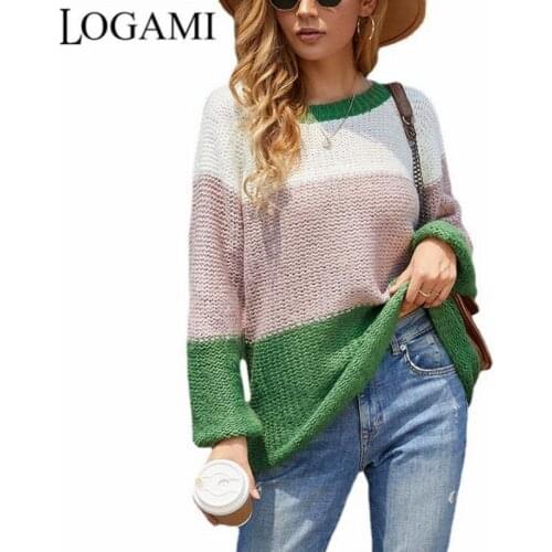 LOGAMI Mohair Sweater Women 2021 New Striped Stitching Contrast Sweater Autumn Winter Pullover Jumper