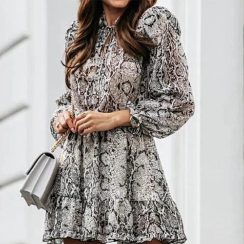 Print Ruffle Women Mini A Line Dress Autumn Lace Up O Neck High Waist Long Sleeve Dress Office Female Casual Spring Vestidos