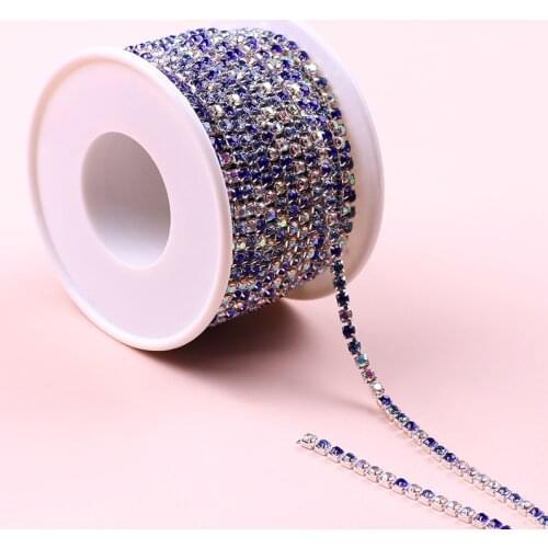 10 Yard/Roll Arrival Colorful Rhinestone Chains Dense Fancy Chain Apparel Sewing Glass Rhinestone Cup Chain With Silver Base