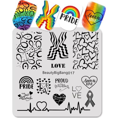 BeautyBigBang 6*6cm LGBT Pride Homosexual Love Rainbow Square Nail Stamping Plates Nail Art Plate Heartbeat Theme for Manicure