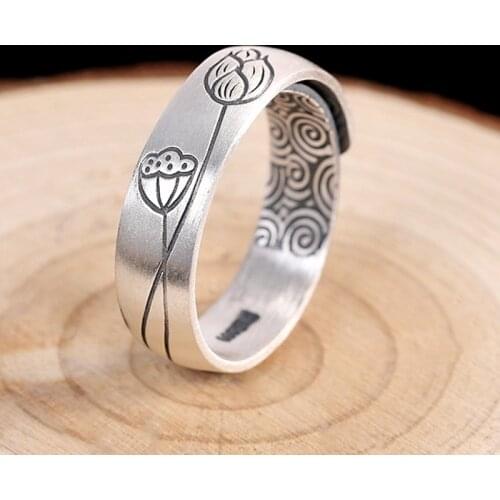 BOCAI Real s999 Silver Jewelry Retro Lotus open Ring for Woman 2021 Fashion Woman Ring