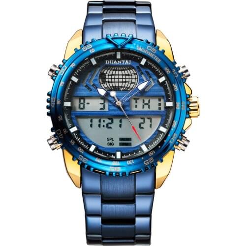 Duantai Steel Belt Multifunctional Double Movement Mens Watch Electronic Watch Sports Watch Waterproof Luminous Quartz Watch