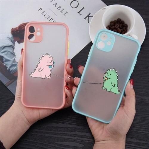 Cute Pink Green Dinosaur Couple Phone Case For iPhone XR 12 11 Pro MAX 7 X XS SE20 8 6 Plus Funny Clear Hard Matte Cover Fundas