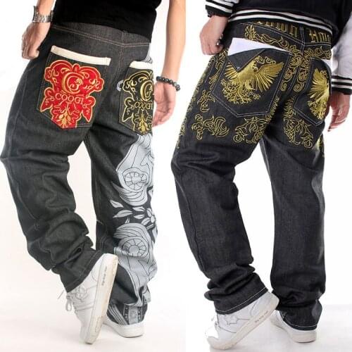 Jeans Men Men Street Dance Hiphop Jeans Fashion Embroidery Black Loose Board Denim Pants Overall Male Rap Hip Hop Jeans