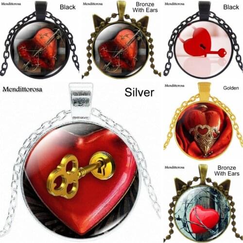 For Women Men Glass Cabochon Jewelry With Silver Plated Choker Long Pendant Statement Necklace Charm Red Key to Open The Heart