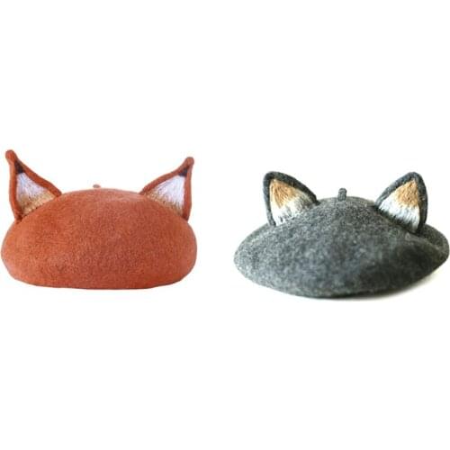 Cute Fox Ear Beret Casual Warm Painter Hat Handmade Beret