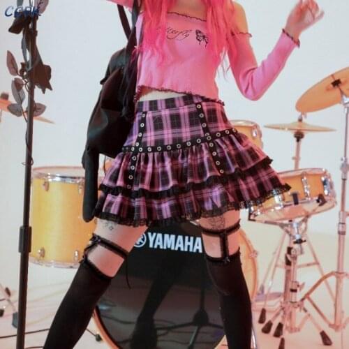 Gothic Punk Sweet Mini Skirt Harajuku Rock E-Girl Skirts Lace High Waist Cake Skirt Kawaii Lolita Clothes Pink Plaid Y2k 90s