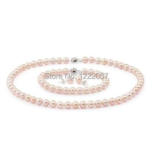 Natural AAA+ 7-8mm Pink pearl Set necklaces&bracelets&Earring set