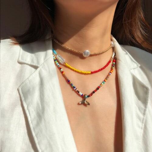 New Pearl Rainbow Seed Beads Mermaid Tail Boho Necklaces For Women Summer Beach Long Bohemian Pendant Necklace Jewelry Collar