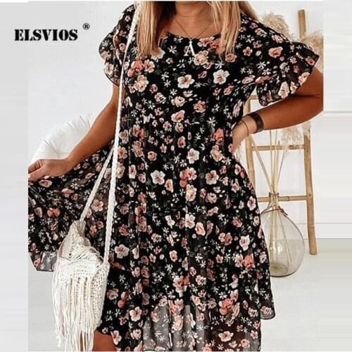 Summer Women Slim New O Neck Puff Sleeves Floral Print Dress Casual Pullover Short Sleeves Beach Holiday Dress Elegant Vestidos