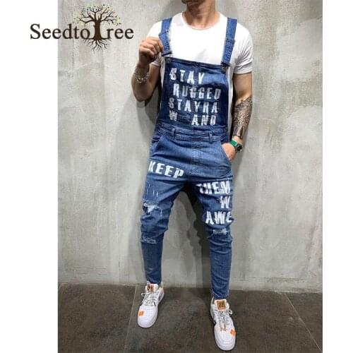 Mens Suspenders Jeans Slim Mens Trousers Letter Pattern Ripped Jeans Hole Overalls