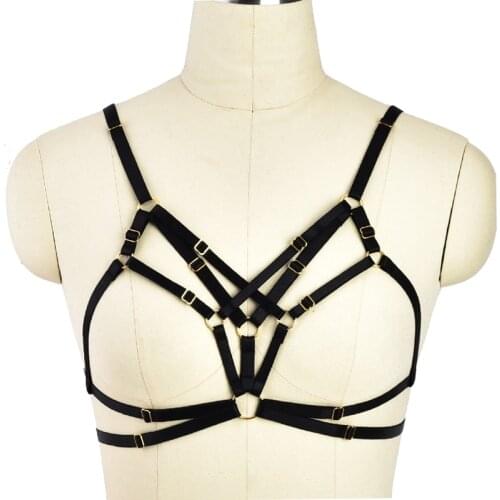 Sexy Black Body Harness Crop Top Women Cage Bra Elastic Adjust Strappy Bikini See Through Bra Goth Bondage Lingerie Harness Belt