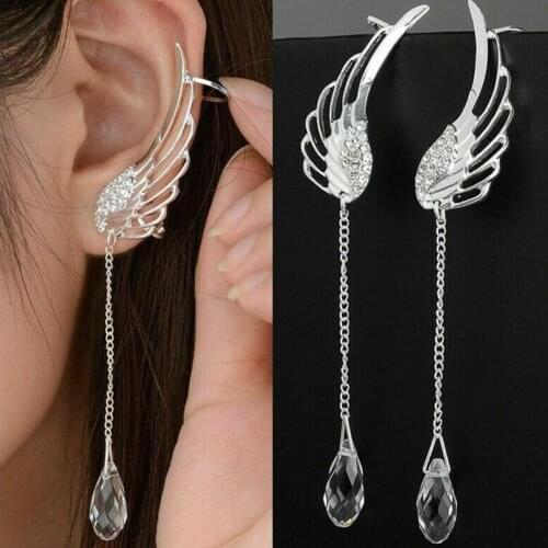 Female Silver Color Angel Wing Earrings Bohemia Long Cuff Earring Drop Dangle Ear Stud Fashion Jewelry Accessories For Women