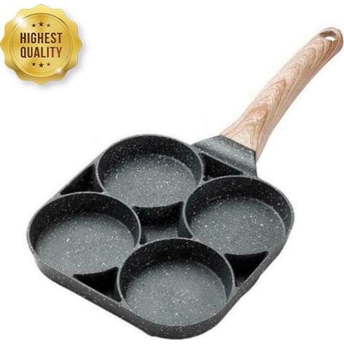 4 Hole Frying Pan Non Stick Breakfast Burger Egg Pancake Maker Wooden Handle Stone Four Hole Omelet Pan