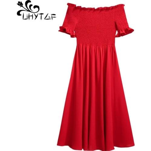 UHYTGF Women Beach Dress Fashion pleated summer dress One word collar off shoulder elegant Sexy dress Plus size vestidos 179