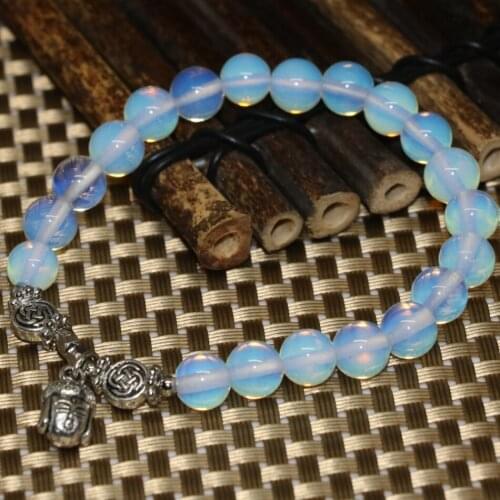 High grade 8mm white round opal moonstone beaded strand bracelets buddha head pendant free shipping jewelry making 7.5inch B2181