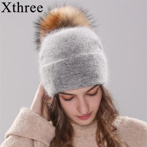 Xthree new womens hat winter beanie knitted hat Angola Rabbit fur Bonnet girl 's hat fall female cap with fur pom pom