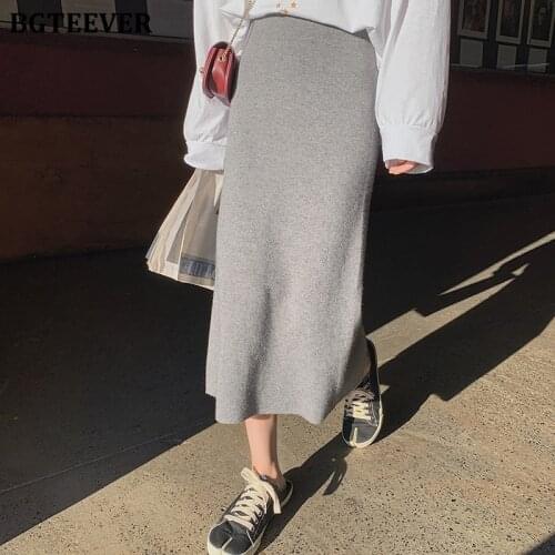 BGTEEVER 11 Colors Side Split Knitted Midi Skirts Women Casual Elastic Waist Package Hip Knitting Skirts Female 2020 Autumn