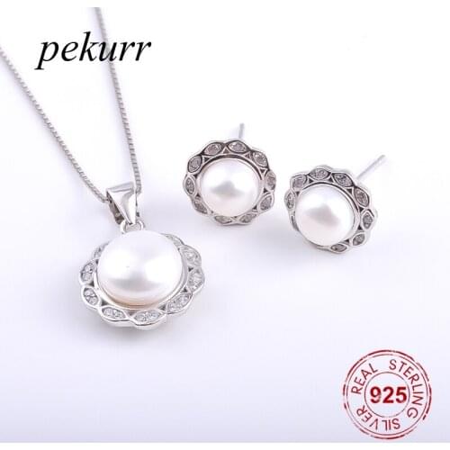 Pekurr 925 Sterling Silver Multiple Eyes Flower Freshwater Natural Pearl Earrings Necklace Sets For Women Round Pendant Jewelry
