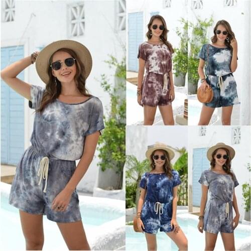 Women TIE-Dye Short Rompers Summer Short Sleeves Beach Boho Jumpsuit For ladies home casual shorts