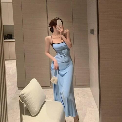 Blue Dress 2021 Summer Halter Strap Long Dress Slim Sexy Solid Color Dress Elegant Midi Dress A169