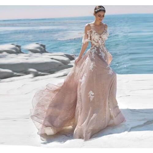 Sexy Backless Spaghetti Straps Lace Wedding Dress With Appliques Beading Sweep Train Wedding Gowns For Women