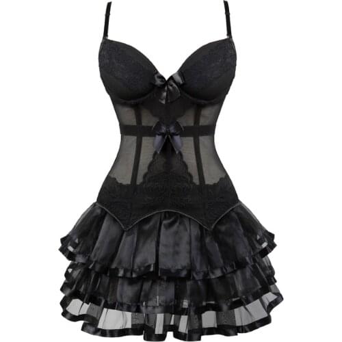 Victorian Burlesque Straps Corset Dress Women Gothic Sexy Cup Lace Corset Bustier Lingerie Top With Striped Mini Skirt Set