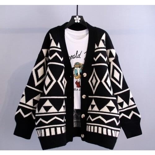 Geometric Diamond Sweater Coat Womens 2021 Spring Autumn Loose Lazy Wind Thickened Knitted Cardigan Long Sleeve Top Pull Femme