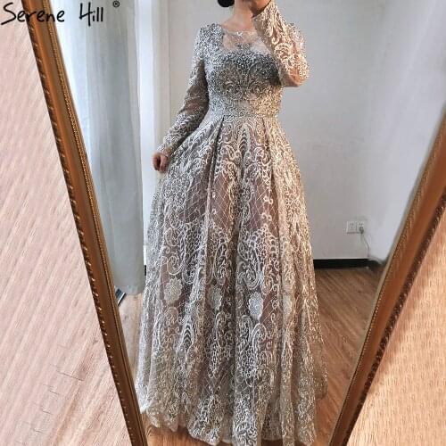 Serene Hill Nude Luxury O-Neck Evening Dress 2021 Dubai Long Sleeves Beading A-Line Design Formal Party Wear Gown CLA70731