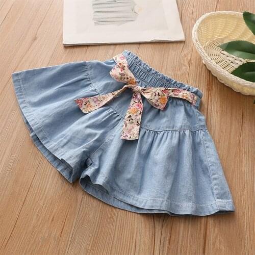 2021 Hot Summer Casual 3 4 5 6 8 10 11 12 Years Baby Solid Color Cotton Loose Denim Blue Shorts With Floral Belt For Kids Girls
