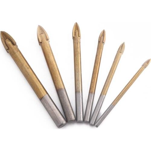 6pcs Titanium Plating Tungsten Carbide Ceramic Tile Glass Marble Drill Set Cross Spear Head 4/5/6/8/10/12mm
