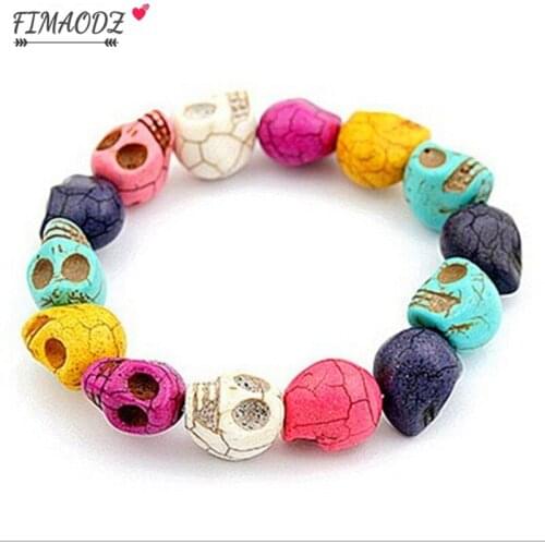 FIMAODZ Color Sugar Skull Bracelet for Men Women Hip Hop Fashion Punk Beaded Skull Bracelets Bangles