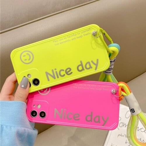 Smiley Fluorescent Hand Rope Phone Case For iPhone 11 12 Pro Max XR XS Max 7 8 Plus Camera Protection English Word Soft Cover
