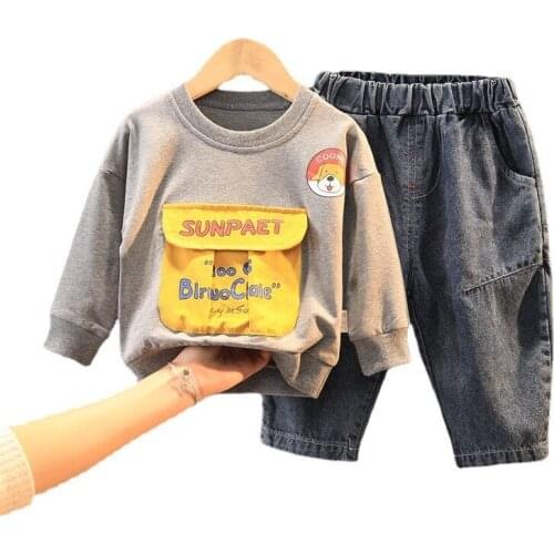 New Spring Autumn Children Cartoon Clothes Baby Boys Girl Pocket T Shirt Pants 2Pcs/sets Kids Toddler Clothing Infant Sportswear